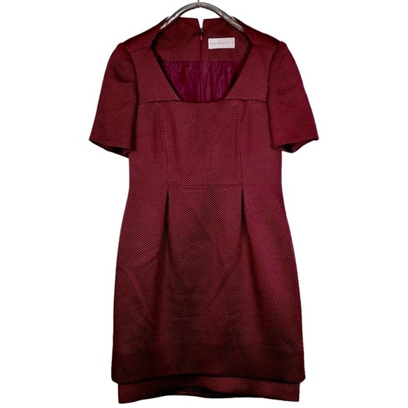 DARBY SCOTT TIERED SQUARE NECK SHORT SLEEVE JACQUARD RED HOLIDAY COCKTAIL DRESS - Picture 4 of 14